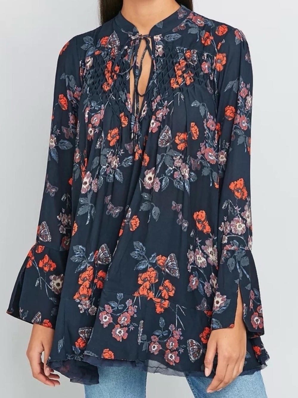 Free People So Fine Smocked Tunic Floral Butterfly Top Navy XS